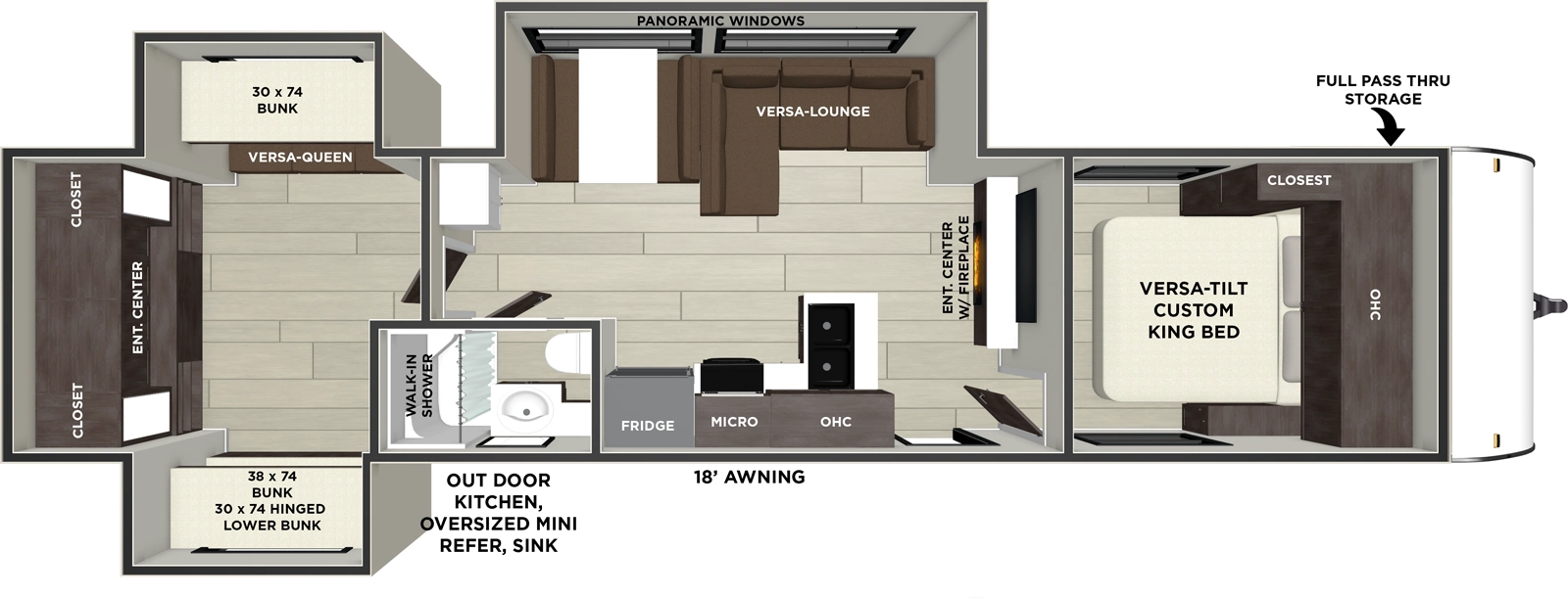 The Salem 31KQBTS has one entry and three slide outs. Exterior features include: metal or fiberglass exterior, 18' awning and outside kitchen. Interiors features include: bunk beds and front bedroom.